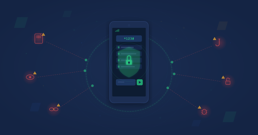 Mobile phone displaying a USSD menu with shield and lock protection, surrounded by cybersecurity threat indicators being blocked by a protective barrier