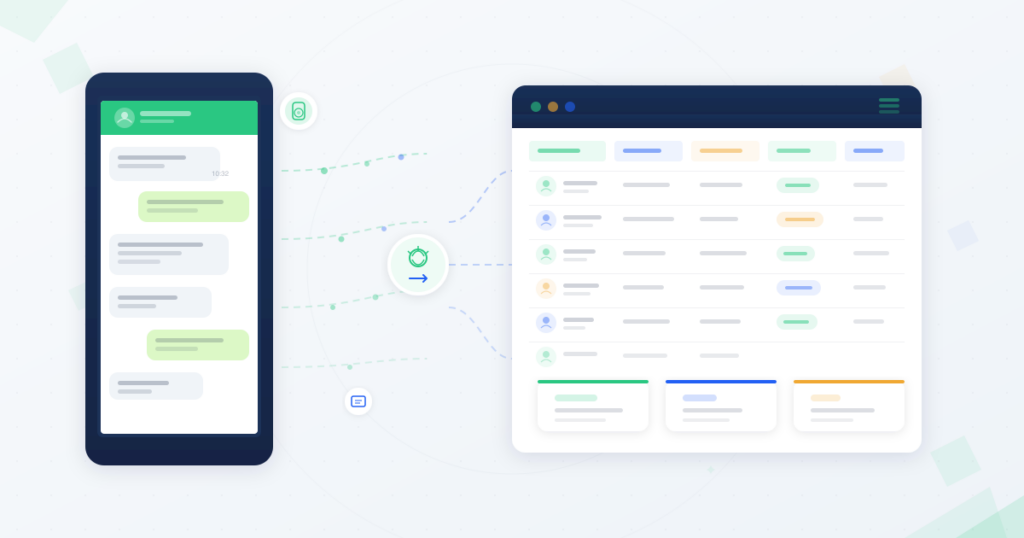 WhatsApp conversation bubbles on a smartphone flowing through an AI processing node into a structured customer database with contact profiles, sentiment badges, and segmentation metrics
