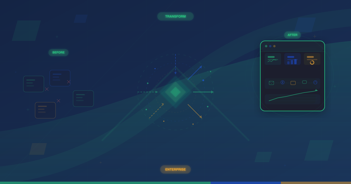 Enterprise CX transformation visualization showing fragmented legacy silos on the left transforming through a central diamond prism into a unified enterprise dashboard platform on the right
