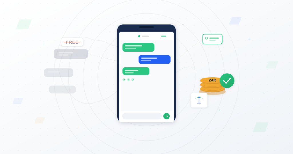 Smartphone displaying bulk SMS message conversation with struck-through FREE label and South African Rand coin stack with green checkmark, illustrating the cost reality of bulk SMS services in South Africa