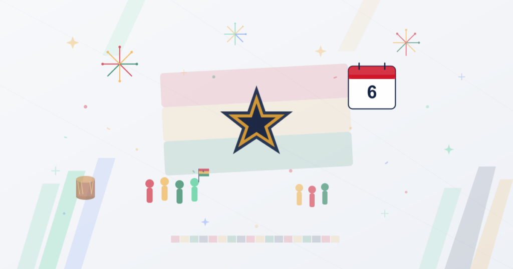 Ghana Independence Day celebration elements with flag colors, fireworks, star, and festival icons