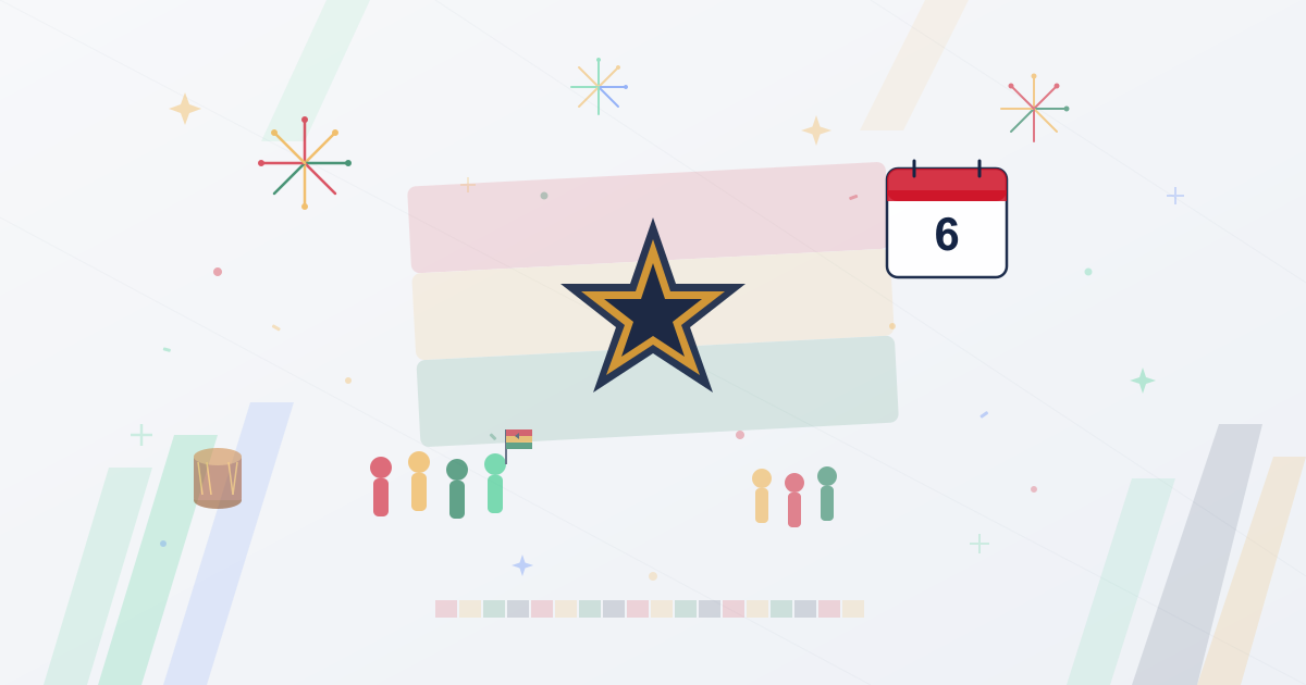 Ghana Independence Day celebration elements with flag colors, fireworks, star, and festival icons