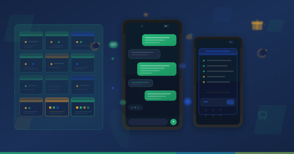 12-month holiday campaign calendar alongside SMS and USSD mobile phone interfaces showing message flows and interactive menus for African business marketing