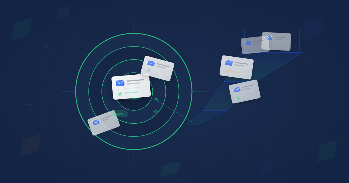 Email contact cards flowing through conversion funnel toward bullseye target for higher conversions