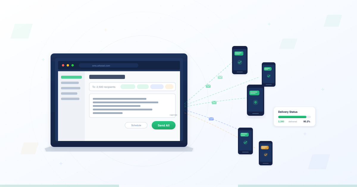 Bulk SMS dashboard showing message compose screen radiating message envelopes to multiple mobile phones with delivery confirmations