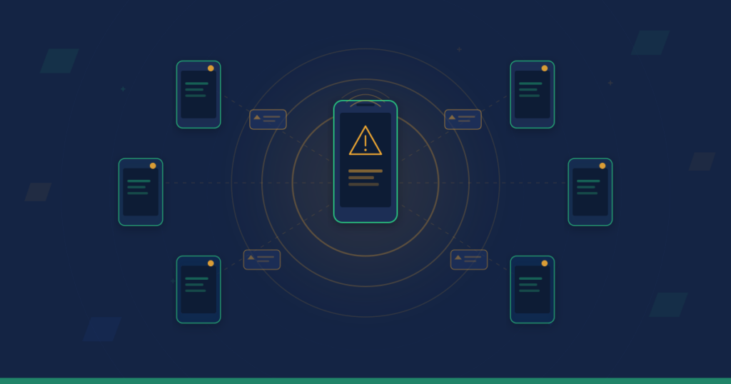 Smartphone broadcasting crisis alert messages with warning icon to multiple recipient devices, illustrating bulk SMS emergency communication