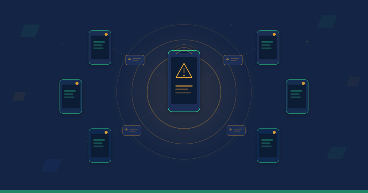 Smartphone broadcasting crisis alert messages with warning icon to multiple recipient devices, illustrating bulk SMS emergency communication