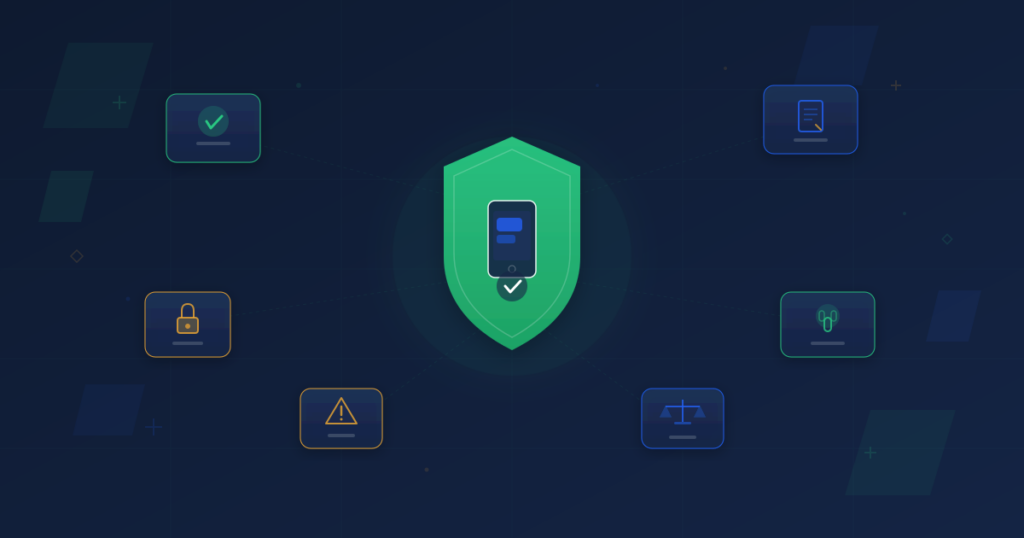 Shield with smartphone and SMS icons representing legal compliance and regulatory protection for bulk SMS in South Africa surrounded by floating cards depicting compliance checkmark contract document privacy lock consent symbol warning indicator and scales of justice