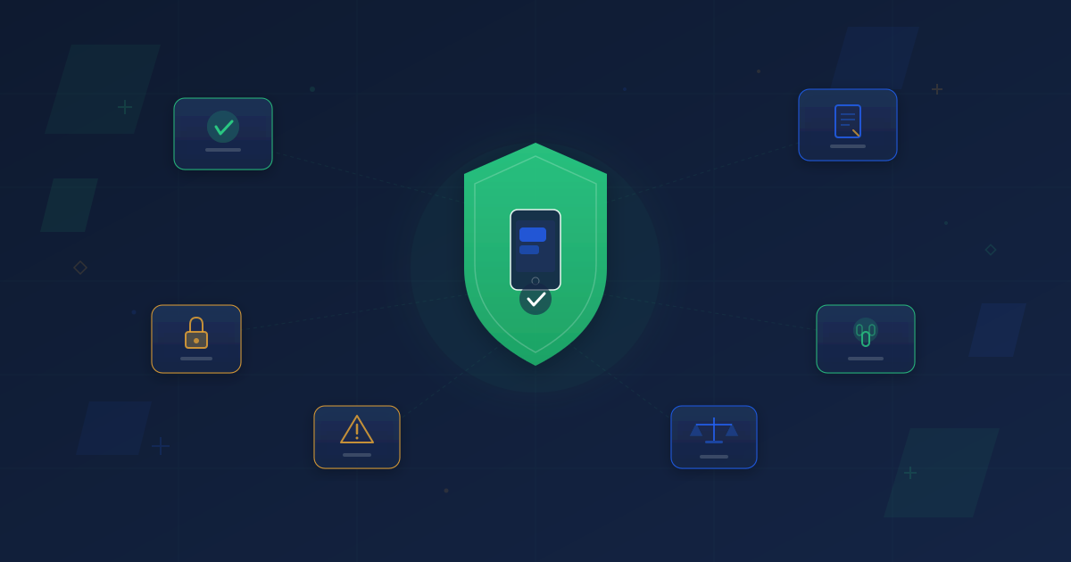 Shield with smartphone and SMS icons representing legal compliance and regulatory protection for bulk SMS in South Africa surrounded by floating cards depicting compliance checkmark contract document privacy lock consent symbol warning indicator and scales of justice