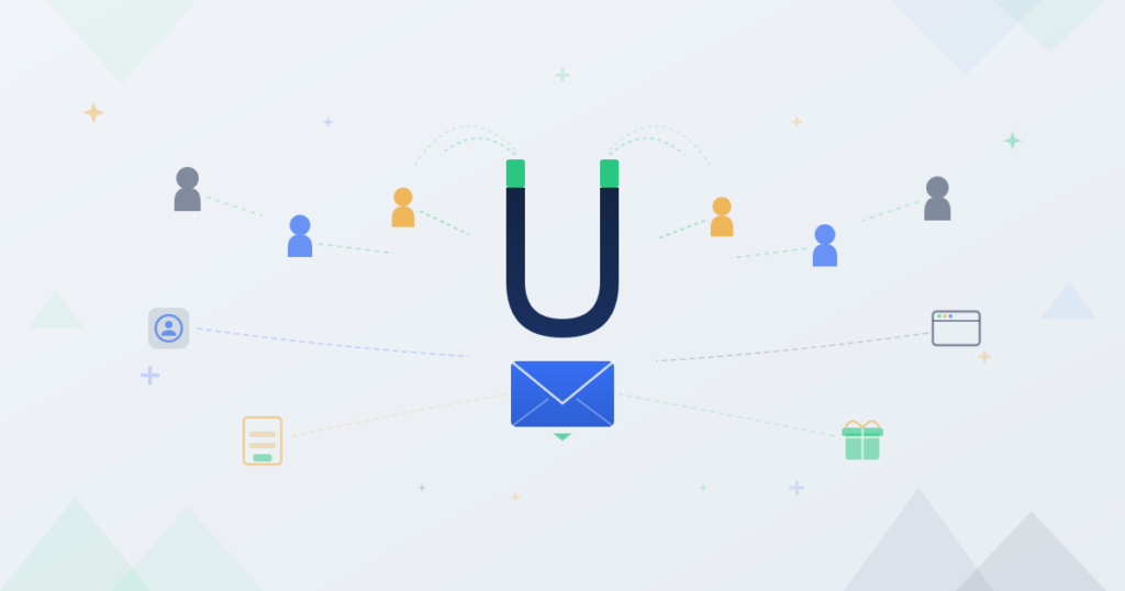 Magnet attracting customer icons toward mailing list inbox with lead generation channels flowing in