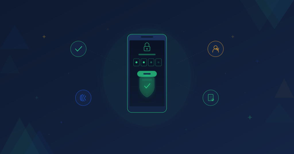 Phone showing OTP code entry screen with shield and lock overlay surrounded by security benefit indicators