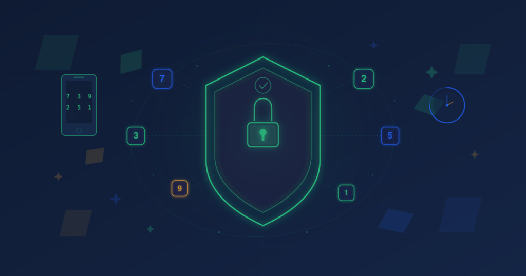 Shield with lock icon surrounded by floating OTP digits, a mobile phone displaying a one-time password, and a TOTP timer — representing OTP security for digital safety