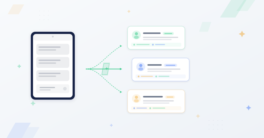 Generic SMS template transforming into personalized messages for different recipients with customer profile indicators