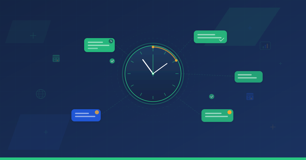 Clock surrounded by scheduled SMS message notifications with calendar, timezone, and analytics icons representing precision-timed SMS marketing delivery