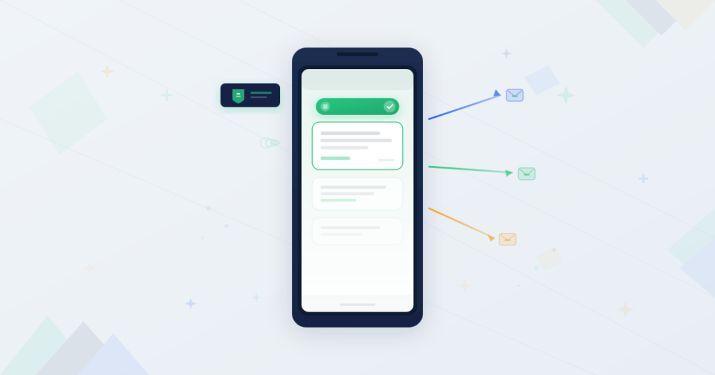 Phone receiving SMS showing branded sender ID name with brand badge and outgoing message arrows