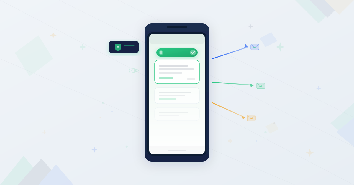 Phone receiving SMS showing branded sender ID name with brand badge and outgoing message arrows
