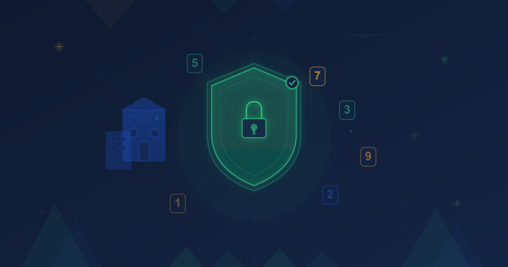 Shield protecting small business building with OTP code digits and lock mechanism for SME security