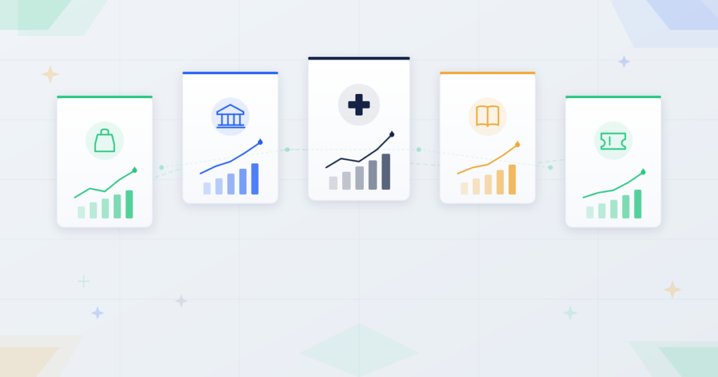 Five interconnected success panels with retail, banking, healthcare, education, and events industry icons showing SMS campaign results