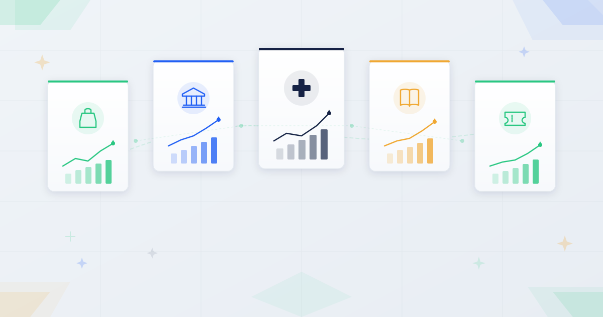 Five interconnected success panels with retail, banking, healthcare, education, and events industry icons showing SMS campaign results