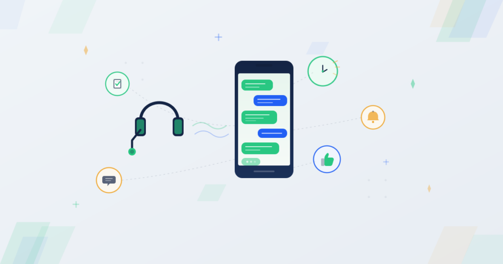 Support headset next to phone showing SMS customer service conversation with quick response and satisfaction indicators