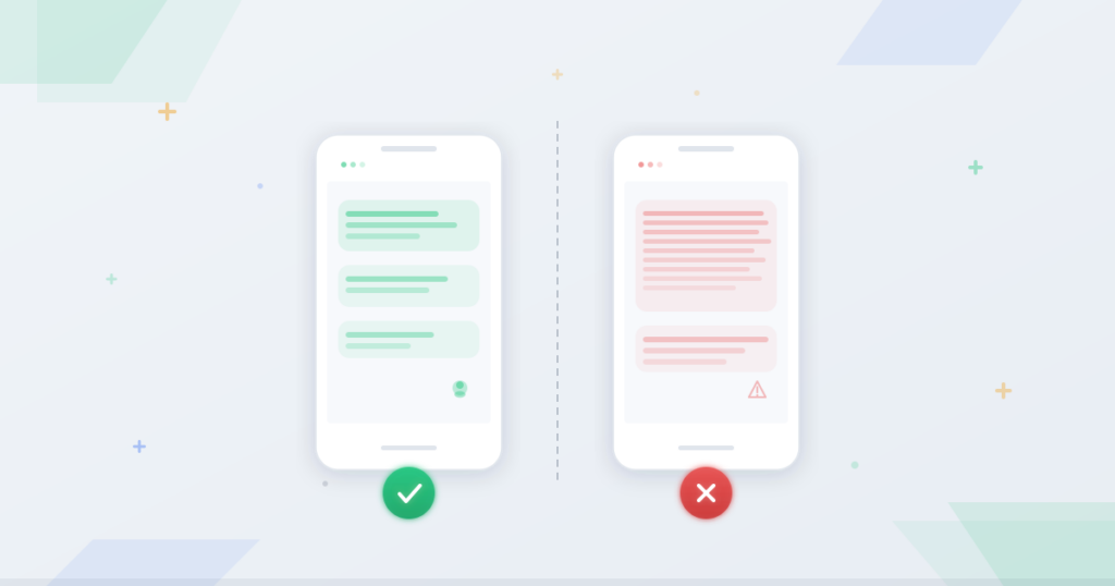 Two phone screens side by side showing well-crafted SMS with checkmark and poor SMS with X mark