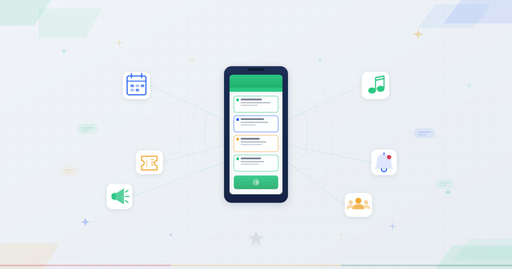Phone sending event notification messages with calendar, ticket, and megaphone icons for bulk SMS event promotion in Ghana