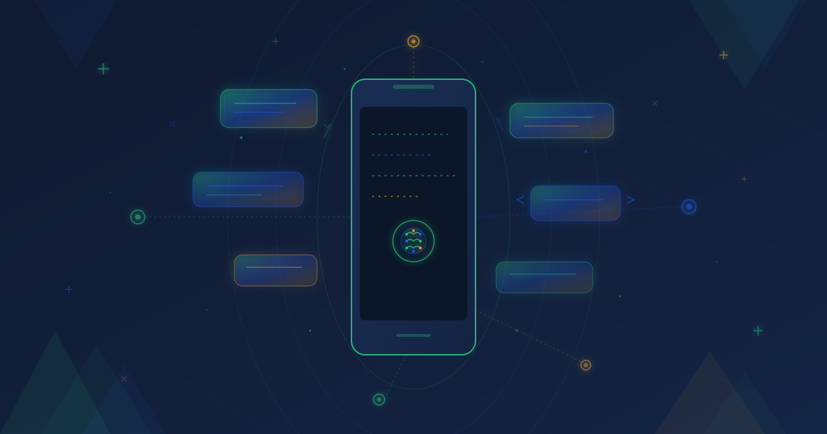 Phone with futuristic holographic message bubbles, AI brain icon, and IoT connections showing bulk SMS technology evolution