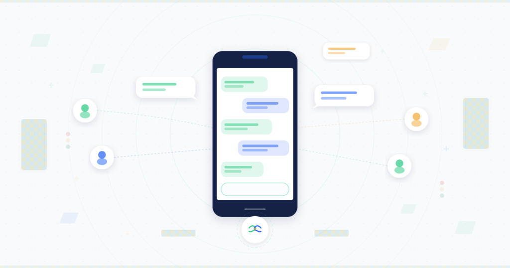 Phone with SMS bubbles featuring Ghanaian cultural elements and diverse people icons for culturally-aware messaging