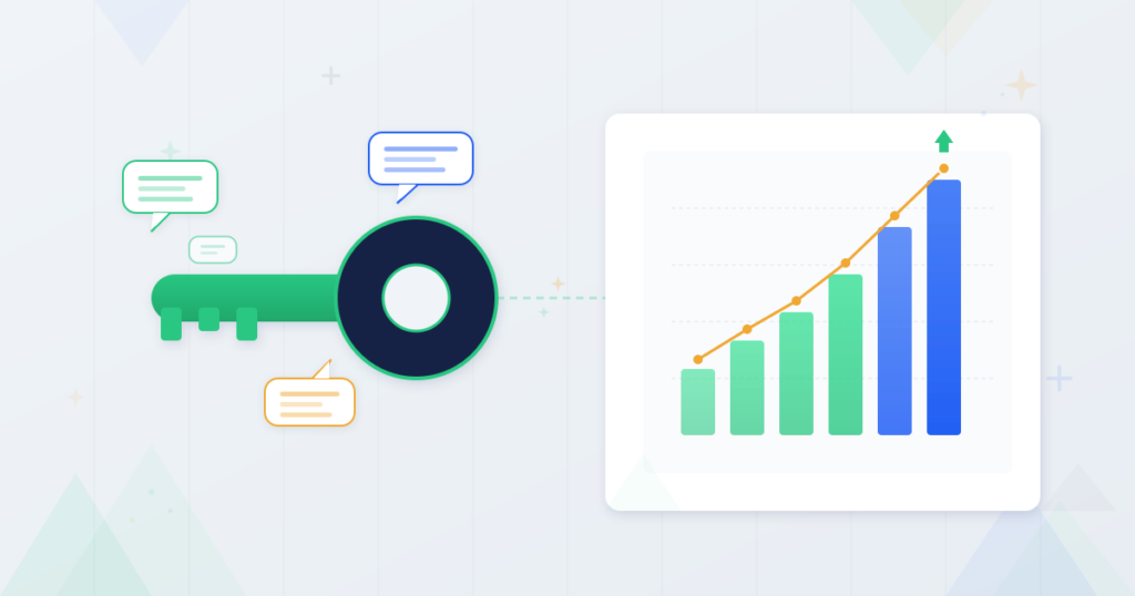 Key shape made of SMS message bubbles unlocking a sales revenue graph