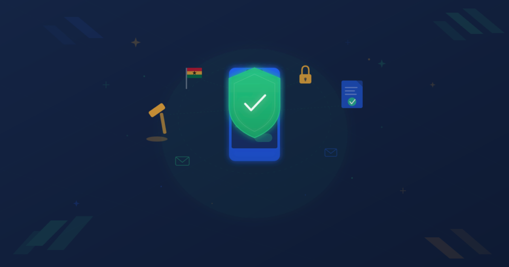 Legal shield and compliance badge over phone with SMS surrounded by regulatory icons for Ghana NCA bulk SMS compliance