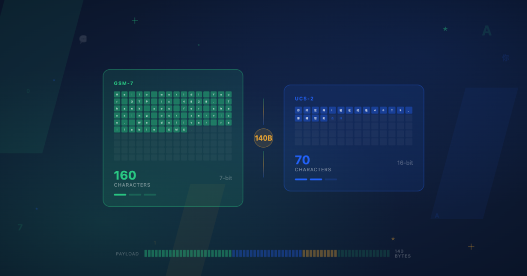 SMS character encoding comparison showing GSM-7 at 160 characters per segment and UCS-2 Unicode at 70 characters per segment, connected by the shared 140-byte SMS payload