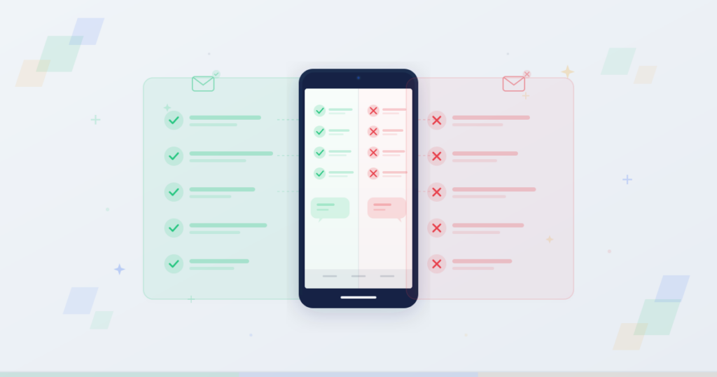 Phone with two columns showing green checkmark side for SMS dos and red X side for donts