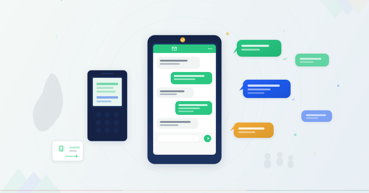SMS marketing Ghana illustration showing a smartphone with message conversation and feature phone side by side, with colorful message bubbles radiating outward representing bulk SMS campaign reach across Ghana