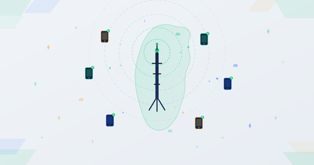 Signal tower with expanding reach circles covering Ghana map outline with phone icons showing SMS message reception