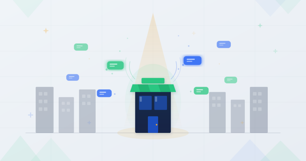 Small business shop with spotlight effect and SMS message trails making it visible among other buildings