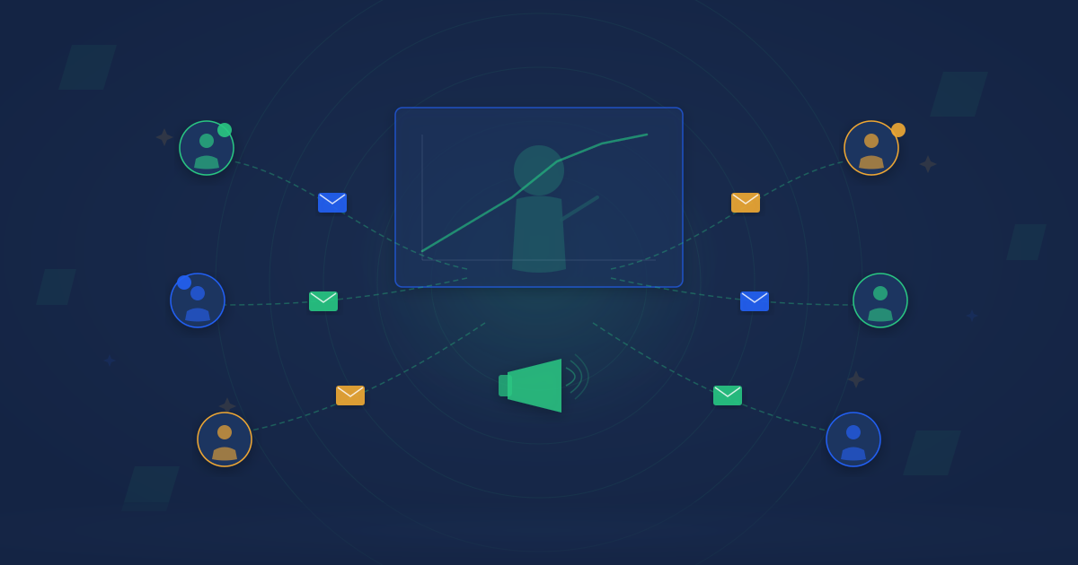 Coach figure presenting at whiteboard connected to client icons through email envelopes illustrating email marketing for coaches