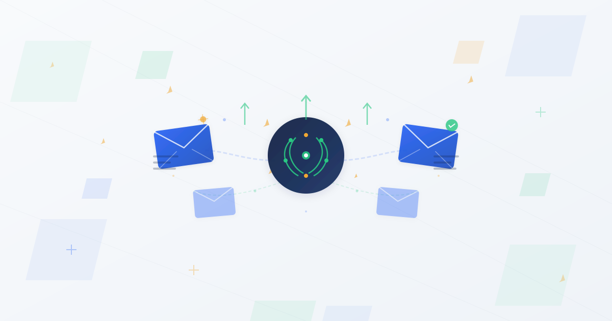 AI-powered email productivity illustration showing a central intelligence hub connected to email envelopes with upward arrows representing improved efficiency
