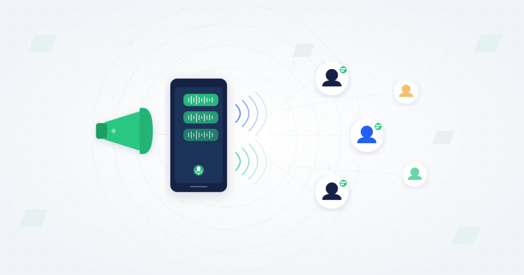 Voice SMS marketing illustration showing a megaphone and smartphone sending voice message waveforms to multiple customer recipients
