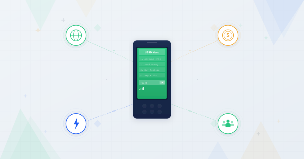 Feature phone displaying USSD menu with benefit icons for accessibility, cost savings, speed, and reach radiating outward