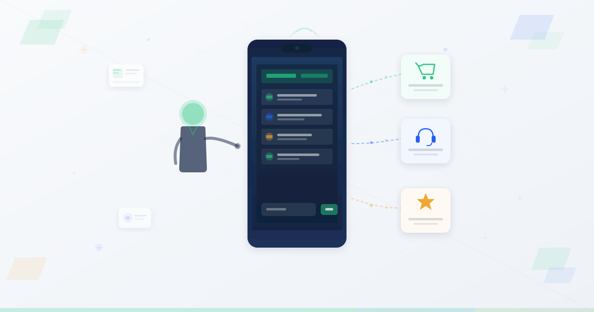 Business owner interacting with USSD menu on mobile phone showing customer interaction flows for shopping, support, and loyalty programs