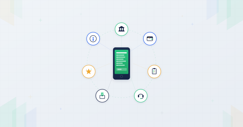 Phone with USSD menu at center surrounded by seven use case icons for banking, payments, surveys, support, voting, loyalty, and info