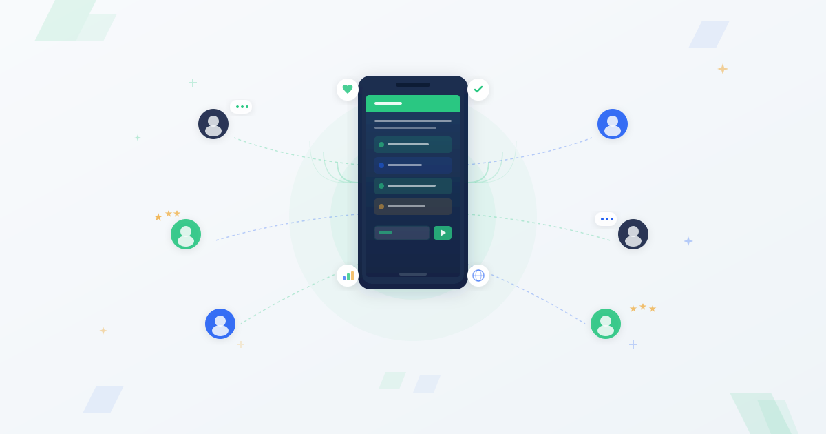 Mobile phone displaying USSD dialog with customer engagement indicators including satisfaction ratings and connection lines to people
