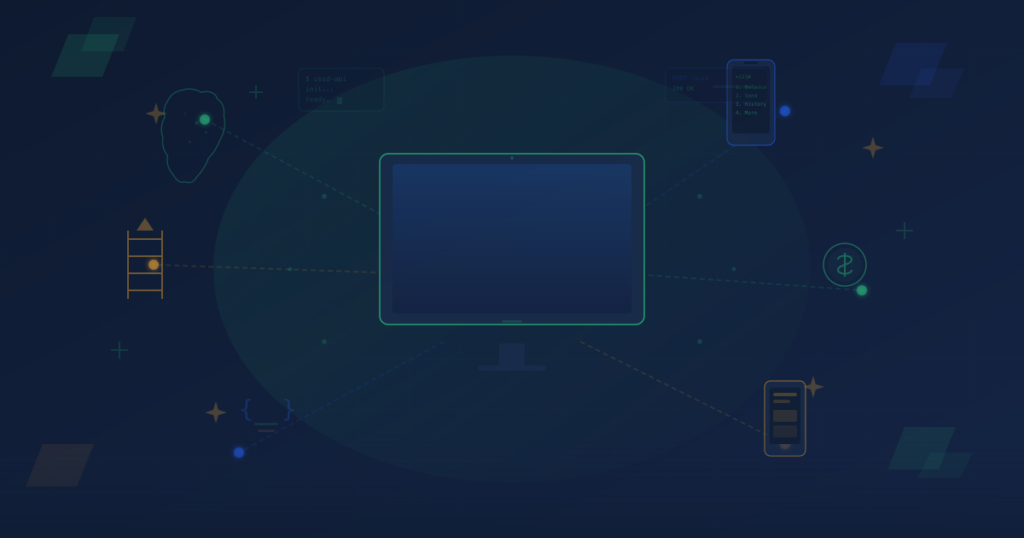 Developer workspace with laptop showing USSD opportunity paths radiating to mobile devices and growth indicators