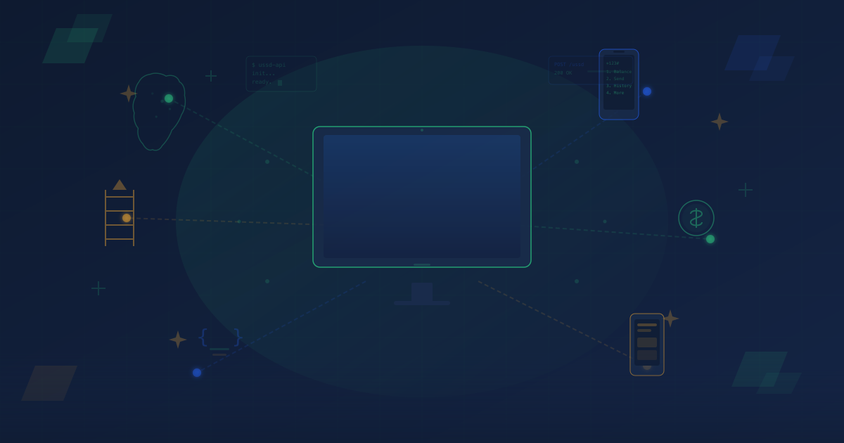 Developer workspace with laptop showing USSD opportunity paths radiating to mobile devices and growth indicators