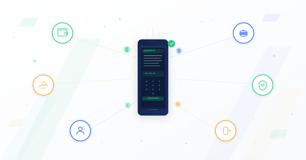 Mobile phone displaying a USSD financial services menu connected to icons representing payments, savings, lending, insurance, and mobile money transfers