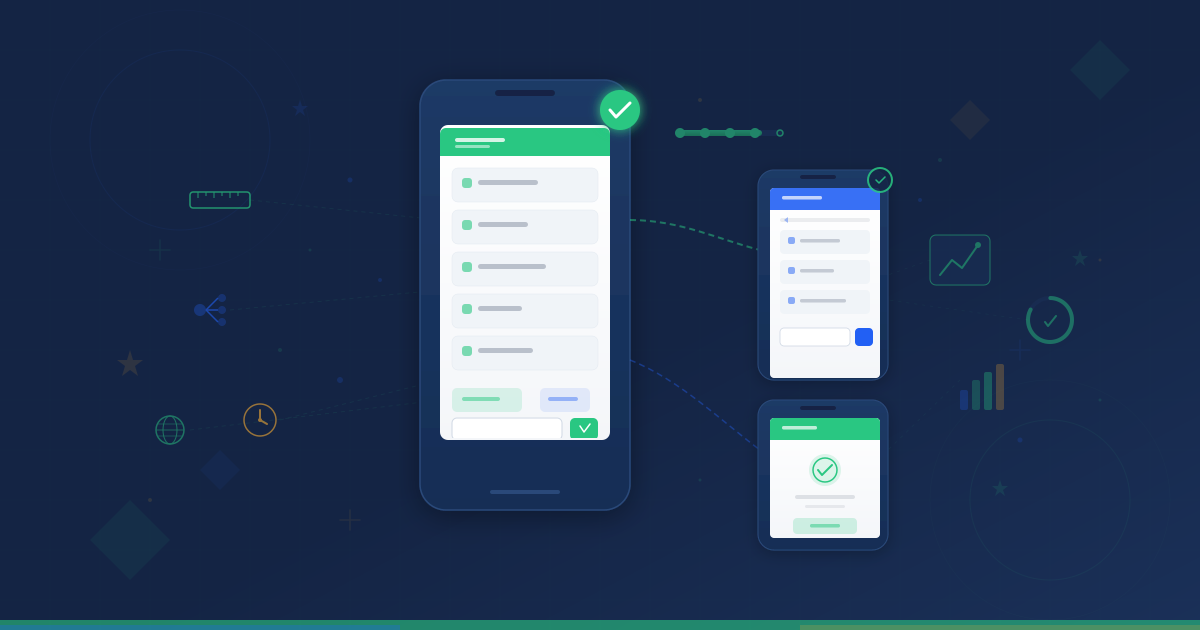 Abstract illustration of USSD menu design flow showing a mobile phone with a structured menu interface connected to secondary screens, surrounded by optimization metrics