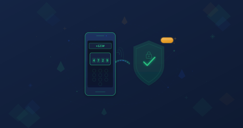 Phone showing USSD dial screen with OTP code appearing connected to security shield with new badge indicator