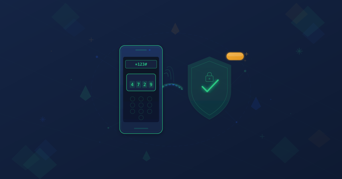 Phone showing USSD dial screen with OTP code appearing connected to security shield with new badge indicator