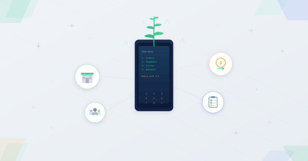 Basic phone showing USSD menu with growth seedling emerging surrounded by SME business elements