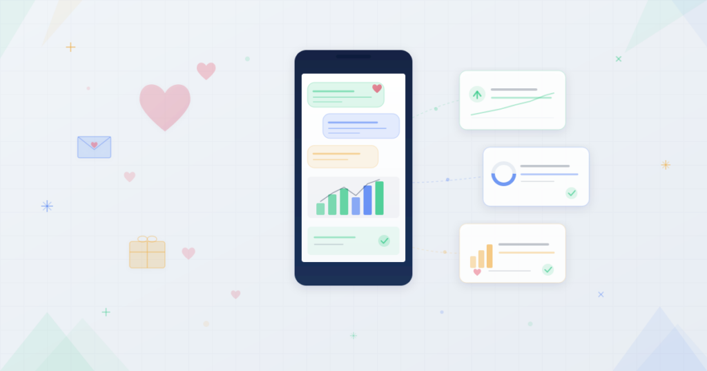 Phone showing Valentines Day SMS campaigns with hearts and gift elements connected to success metrics and charts